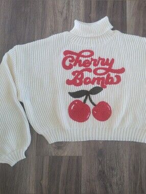 Ivory Knit Lightweight Sweater with Red Cherry Graphic